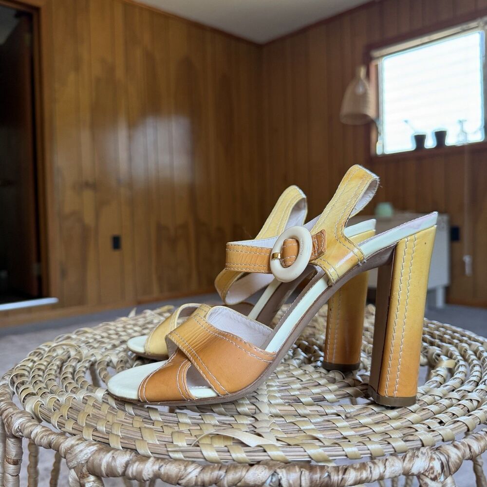 PRADA Iconic Rare Ombré Degrade Pattern LOGO BUCKLE Sandals Heels Sz 39 Orange